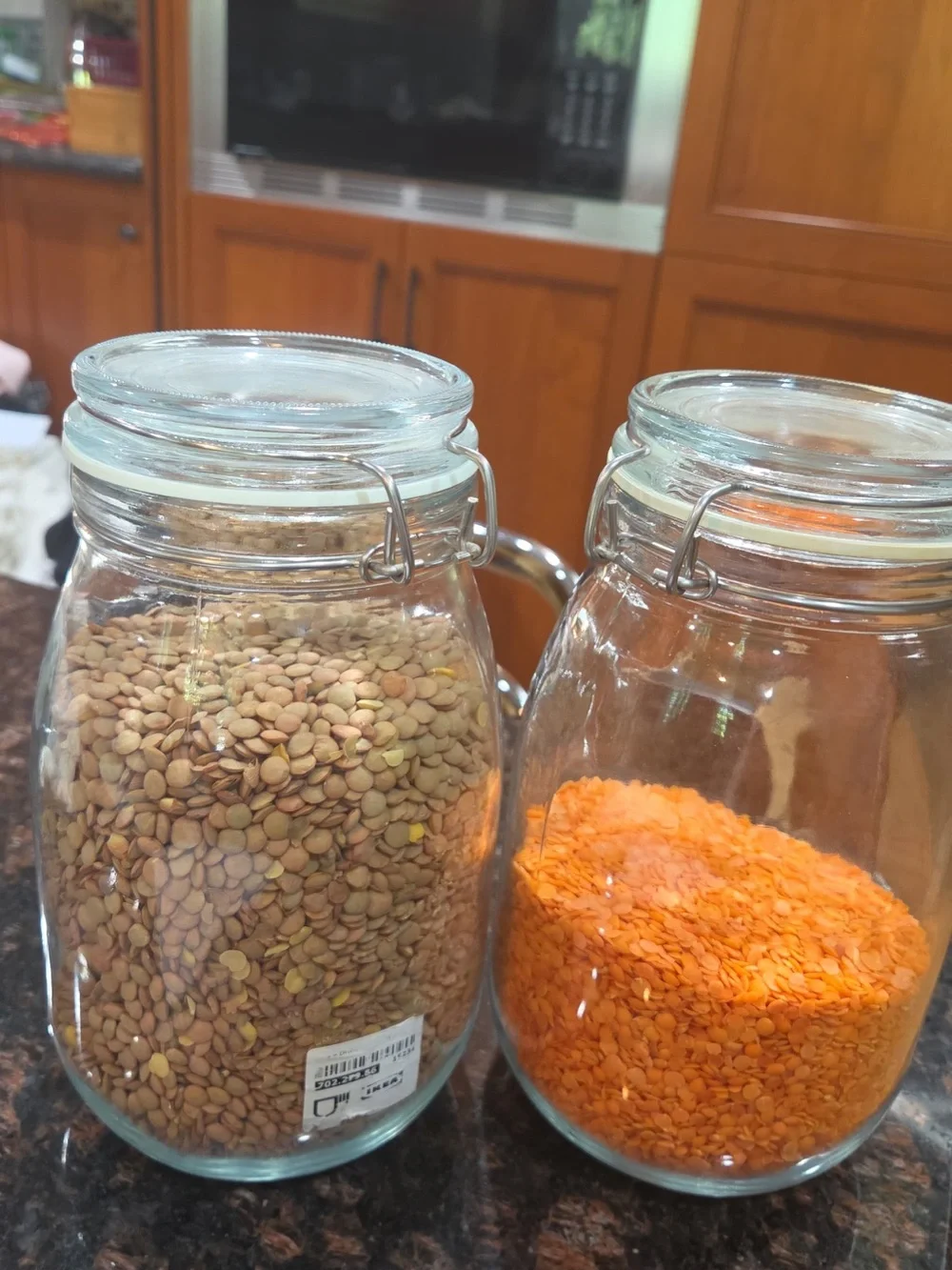 IKEA Glass Clamp Jars with Brown and Orange Lentils